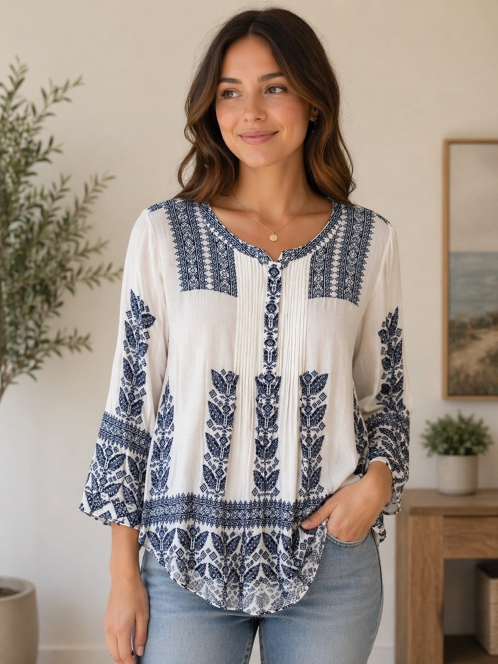 Daniel Rainn White Blouse with Navy Folk Embroidery